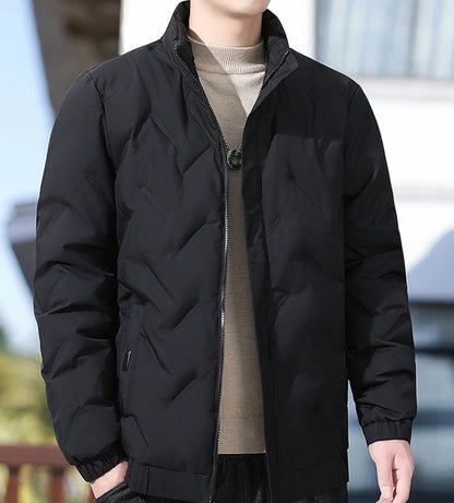 Men's winter standing collar cotton jacket with diamond grid pattern warm jacket, casual solid color fashionable simple jacket.