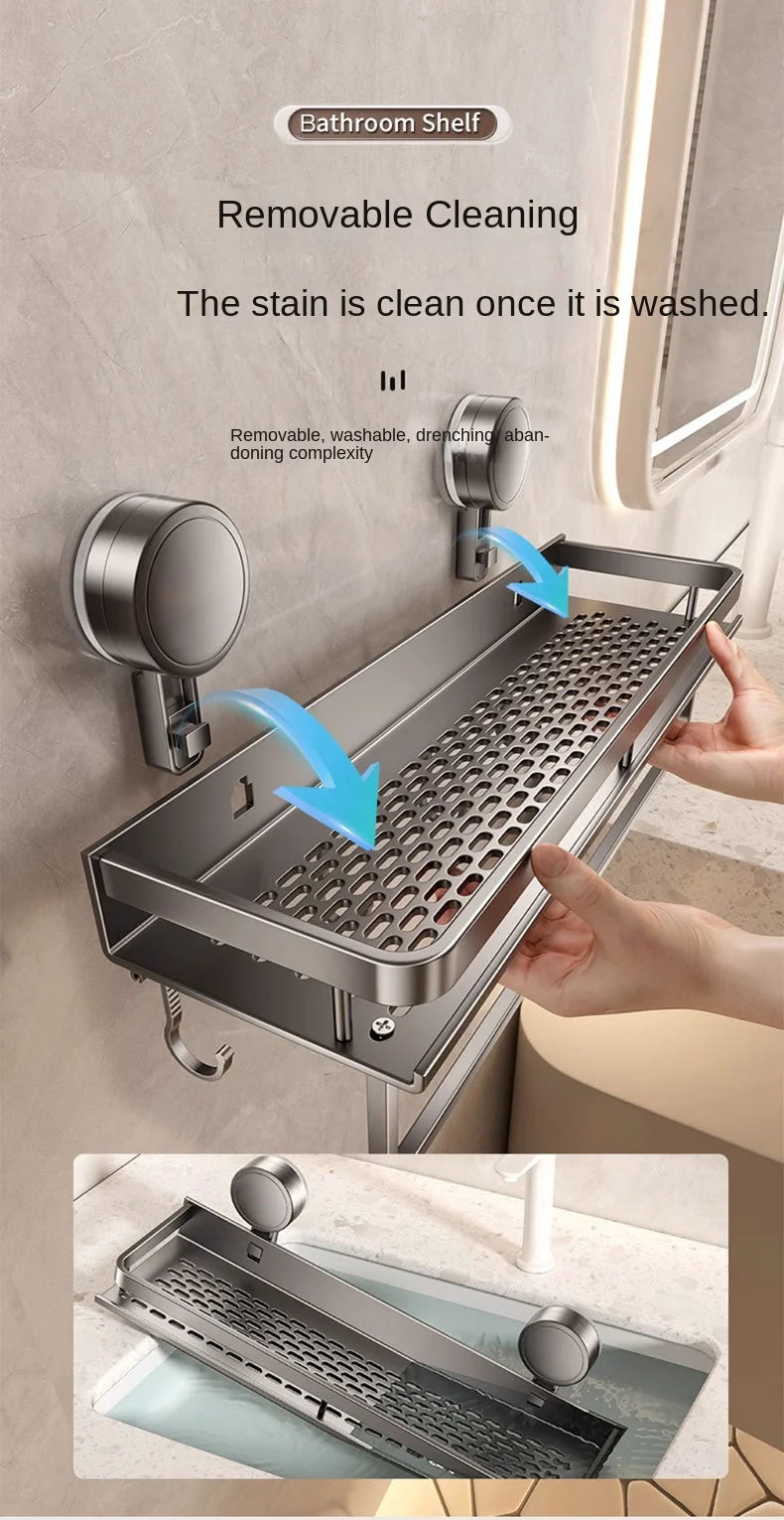 Bewegliches Badezimmerregal ohne Bohren – 30/40/50 cm Saugnapf-Organizer mit Haken/Stange, einfach zu installieren und zu reinigen, wasserdichtes Toilettenregal