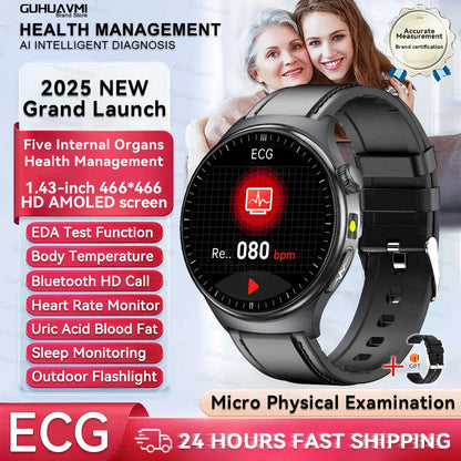 1.43'' HD Sapphire Smart Watch Bluetooth Call Blood Fat Uric Acid Heart Rate Body Analysis Five Organs Health Smartwatch Men Wom