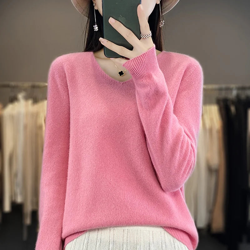 Women 100% Merino Wool Sweater V-Neck Basic Pullover Autumn Winter Cashmere Clothing Long Sleeve Soft Knitwear Tops Solid Color