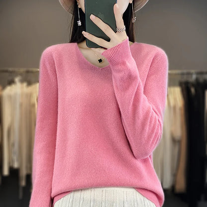 Women 100% Merino Wool Sweater V-Neck Basic Pullover Autumn Winter Cashmere Clothing Long Sleeve Soft Knitwear Tops Solid Color