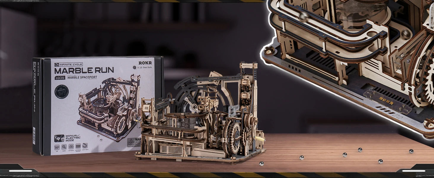 ROBOTIME Rokr Electric Marble Run with Light 3D Puzzle Toys Marble Spaceport Gifts for Kids Children Connect With Night City.