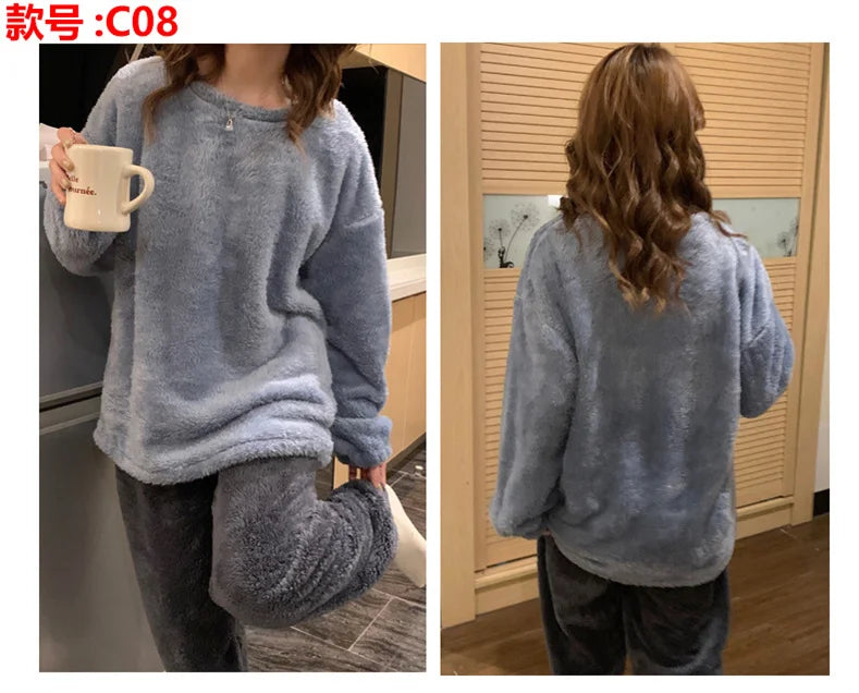 Winter Fleece Women Pajamas Set  Sleepwear Solid Velvet 2 Piece Pant Home Suit Fluffy Casual Warm Flannel Night Wear