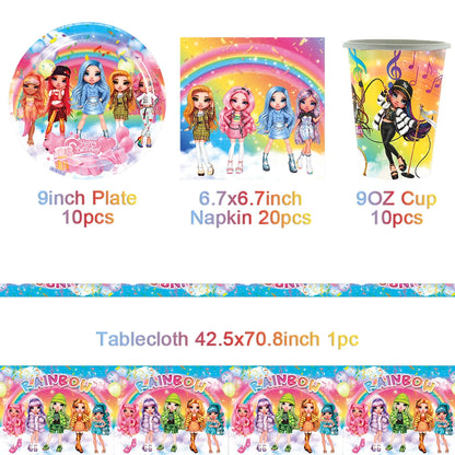 Cartoon Regenbogen Puppe High School Thema Hintergrund Geburtstag Party Dekoration Lieferungen Einweg Tasse Besteck Ballon Baby Geschenk.