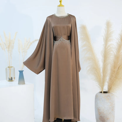 Ramadan Muslim Women 2 Piece Set with Chain Party Dresses Abaya Eid Jalabiya Sashes Diamond Morocco Dubai Kaftan Cardigan Robe