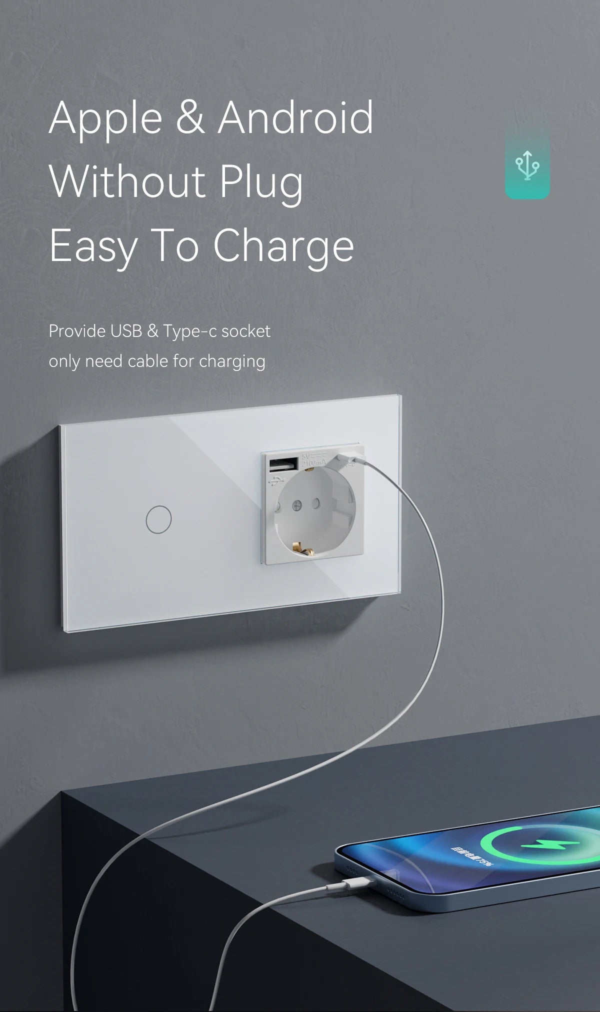 BSEED Touch-Lichtschalter mit EU-Stromsteckdosen, weiße Wand-LED-Schalter, 1/2/3 Gang, 1-Wege-Kristallglas-Panel, dunkle Hintergrundbeleuchtung.