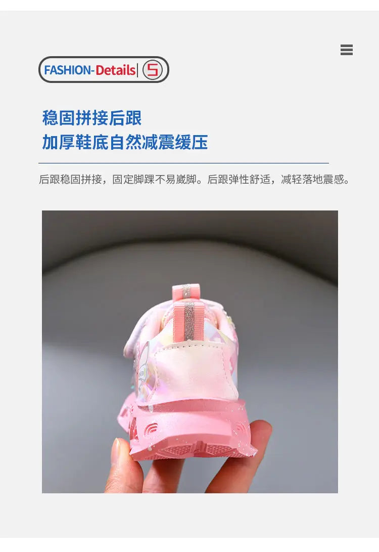 Disney LED Casual Sneakers For Spring Girls Frozen Elsa Princess Print Pu Leather Shoes Children Lighted Non-slip Pink Purple.