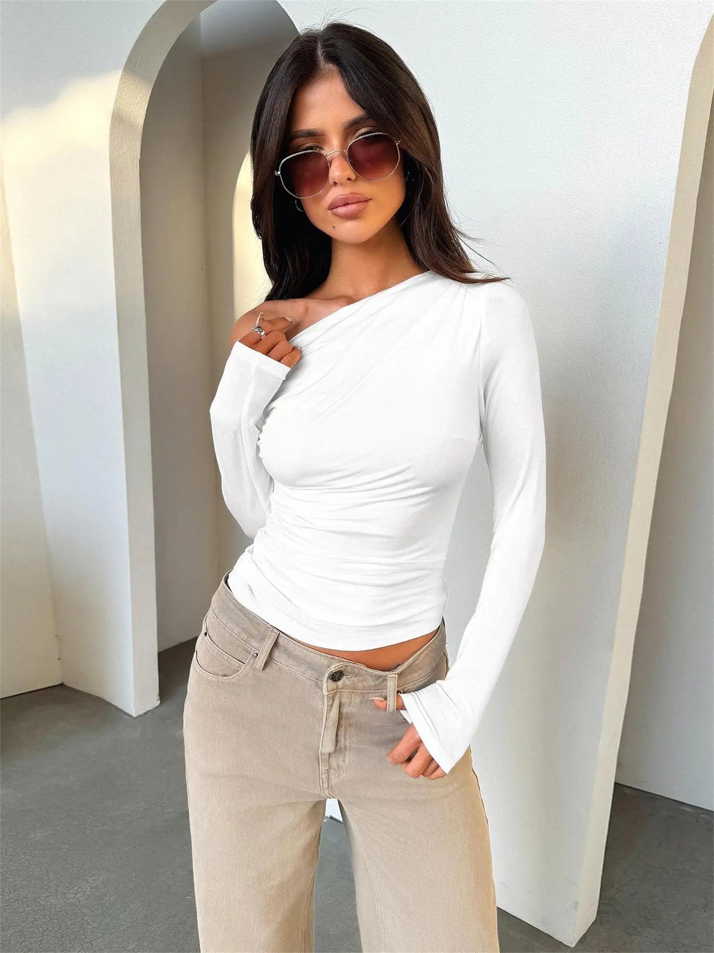 2025 New Spring Women's Casual Long Sleeve Boat Neck Off Shoulder Slim Fit Crop Top Going Out Blouses Y2K Tight Shirts Autumn.