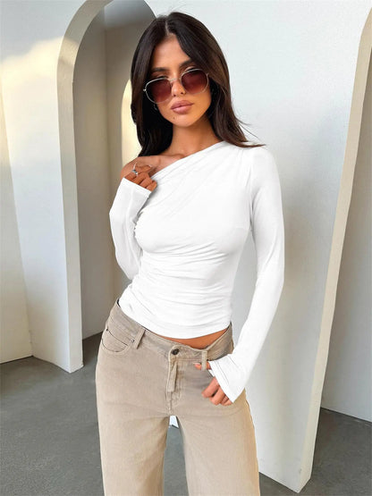 2025 New Spring Women's Casual Long Sleeve Boat Neck Off Shoulder Slim Fit Crop Top Going Out Blouses Y2K Tight Shirts Autumn.