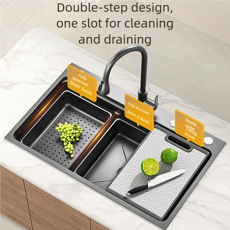 Black 304 Stainless Steel Kitchen Sink Household Multifunction Wash Dish and Vegetables Basin Large Single Slot Undermount Basin