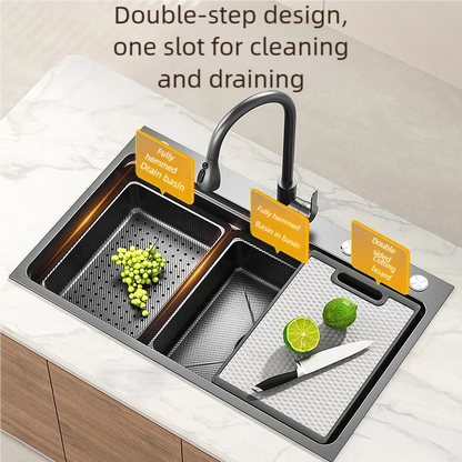 Black 304 Stainless Steel Kitchen Sink Household Multifunction Wash Dish and Vegetables Basin Large Single Slot Undermount Basin