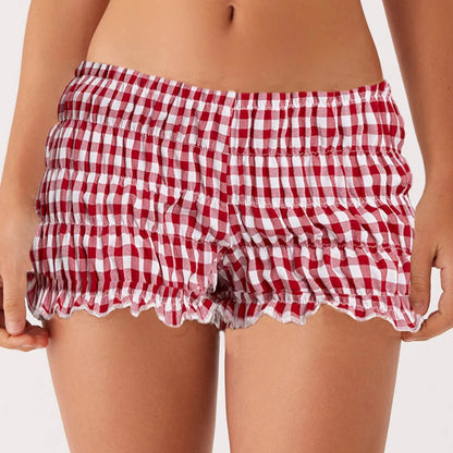 Women Y2k Ruched Mini Shorts Low Waist Ruffle Frill Bloomers Summer Lounge Pajamas Shorts Smocked Micro Shorts Sleepwear.