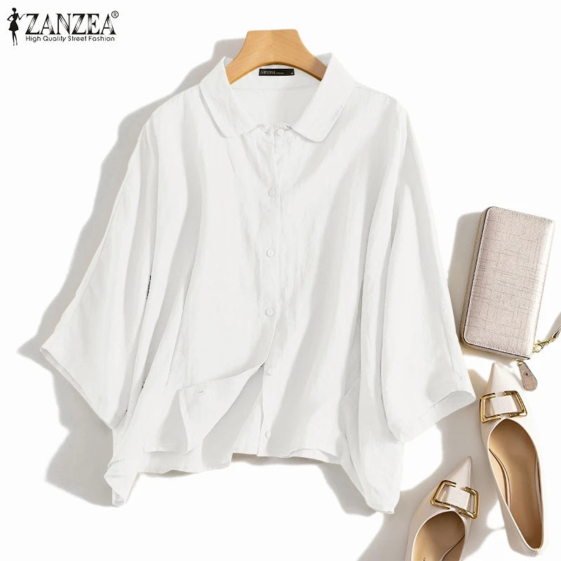ZANZEA Summer Fashion Lapel Neck Shirt Women Elegant 3/4 Sleeve Blouse Work Buttons Down Tops Tunic Female Casual Loose Blusas.