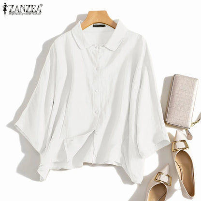 ZANZEA Summer Fashion Lapel Neck Shirt Women Elegant 3/4 Sleeve Blouse Work Buttons Down Tops Tunic Female Casual Loose Blusas.