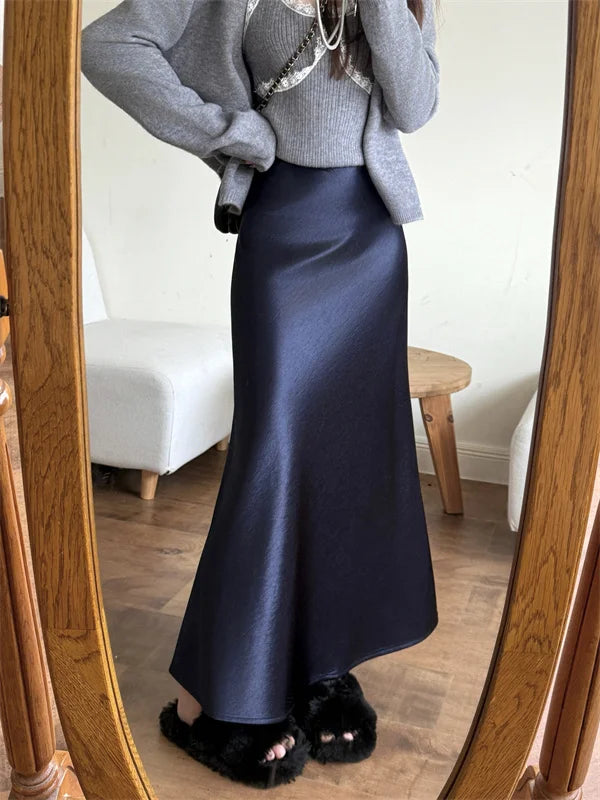 High Waist Women's Fleece-Lined Thickened Elegant Long Skirt Satin Mermaid Skirt Elegant Drapey Bodycon Skirt For Autumn Winter.