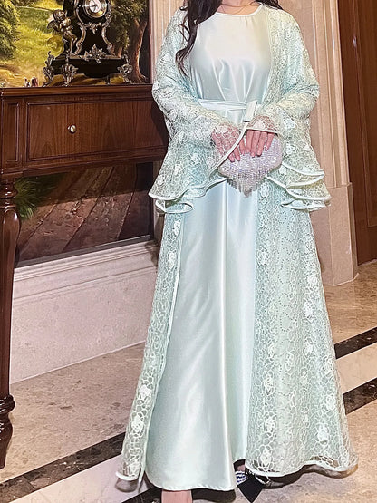 Muslim Women Abaya Dress 2 Piece Set Flare Sleeve Lace Sequin Satin Morocco Caftan Dress Musulman Ensembles Cadigan Outfit Suits