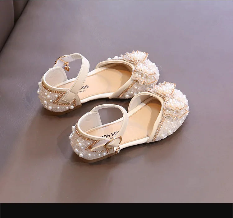 Girls Party Shoes Elegant Rhinestone Fashion Children's Leather Shoes Versatile Sweet Kids Princess Wedding Dress Flats Sandals.