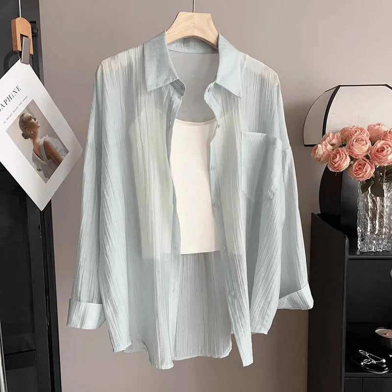 Women's Summer Sun Protection Shirts Casual Loose with Pocket Chiffon Blouses Female Korean Chic Thin Breathable Slimming Shirt.