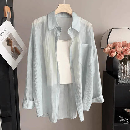 Women's Summer Sun Protection Shirts Casual Loose with Pocket Chiffon Blouses Female Korean Chic Thin Breathable Slimming Shirt.