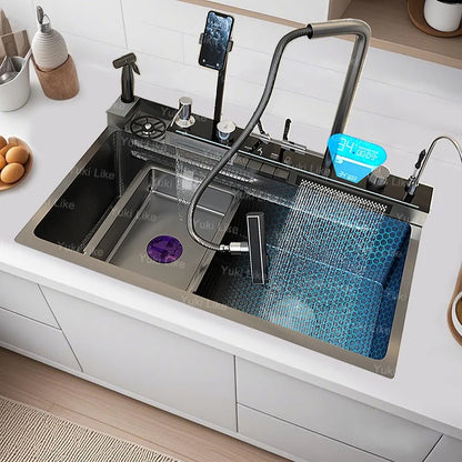 Stainless Steel Kitchen Sink Multifunctional Piano Button Waterfall Spout Faucet Digital Display Screen Dishwashing Basin