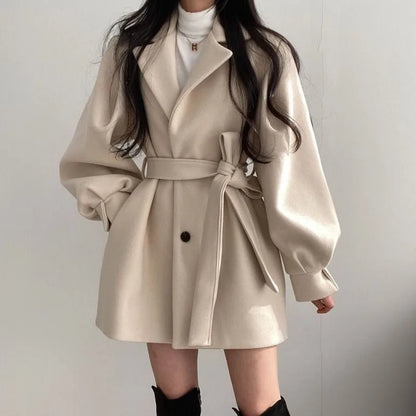Frauen Solide Wolle Mischung Mantel Slim Fit Gürtel Mäntel Weibliche Warme Baumwolle Dicker V-ausschnitt Büro Dame Elegante Trendy Taste Outwear ins