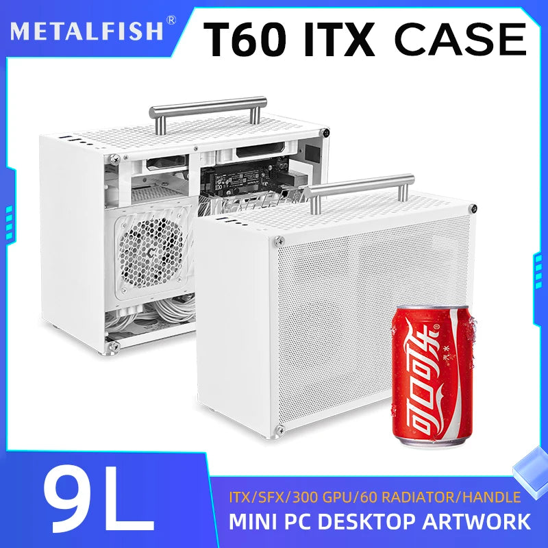 METALFISH T60 Mini ITX White Case 9L With Acrylic Or Mesh Side Panel and Portable Handle Support SFX PSU/300mm GPU/2*120mm Fan.