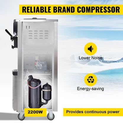 VEVOR Commercial Soft Ice Cream Machine,2200W 3 Flavors Ice Cream Maker,5.3 to 7.4 Gal per/H Auto Clean LCD Panel for Restaurant.