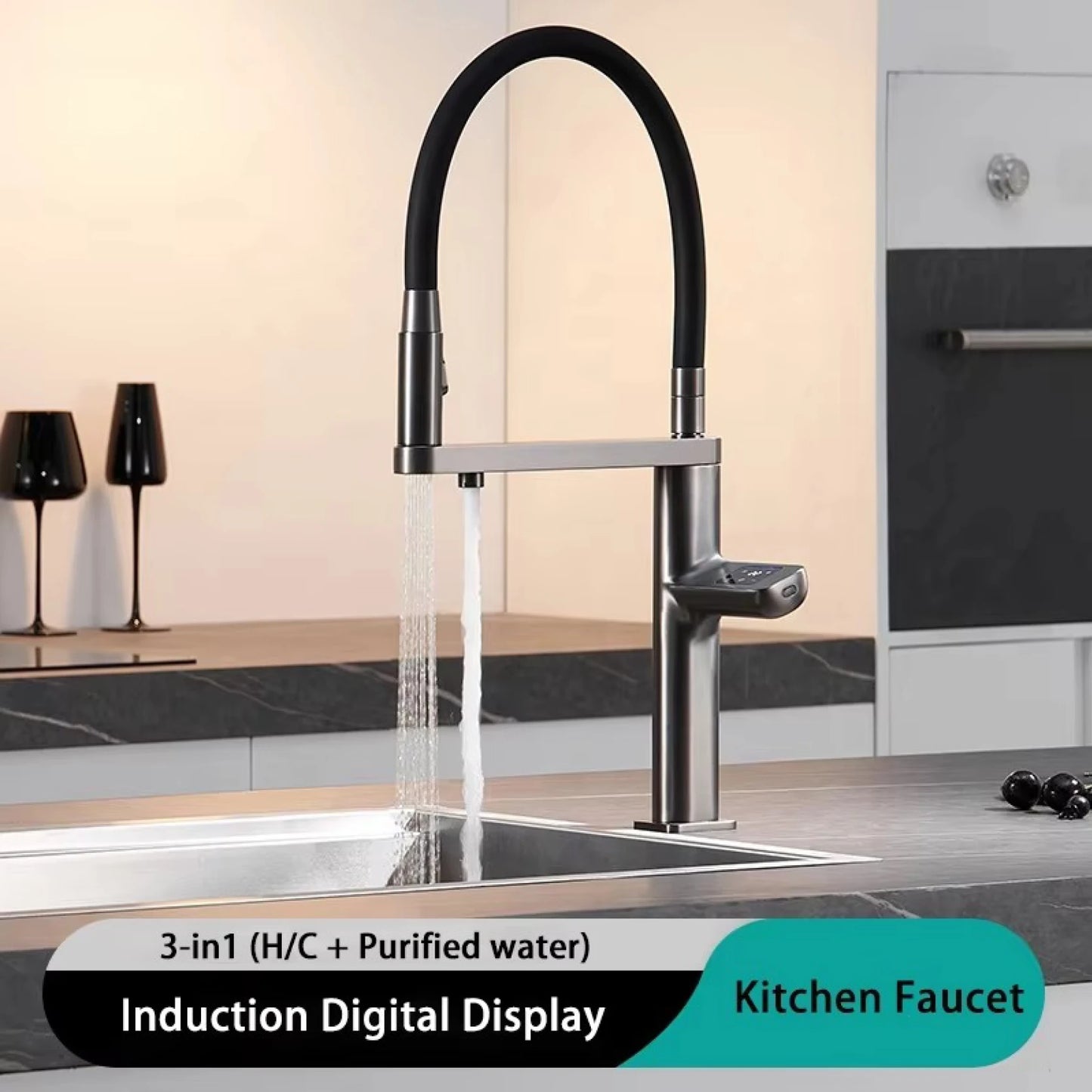 Luxury brass gun gray sensing kitchen faucet LED display touch switch hot&cold water pull-out purified water 2 function sink Tap