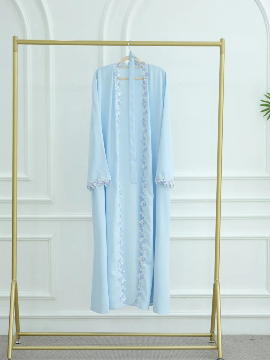 Muslim Women Dubai Abaya Bow Embroidery Blue Cardigan Long Dress Kaftan Ramadan Robe Femme African dresses Islam Clothing Kebaya.