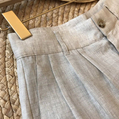 Korean Office Lady Summer Women's Solid Color Linen Zipper Pockets Fashion Casual Loose High Waist A-line Wide Leg Shorts.