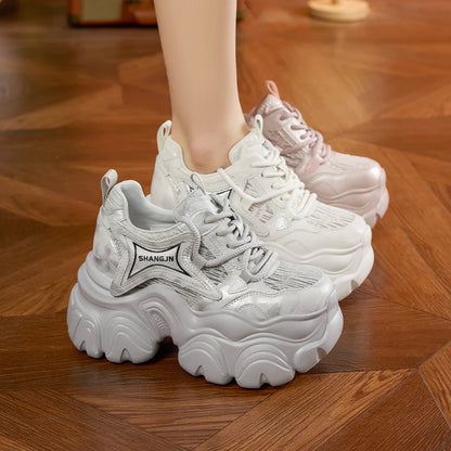 AUTUSPIN 10cm Pink Thick Soled Shoes for Summer Women Breathable Lace-up Ladies Sneakers Outdoor Casual Fashion Platform Shoes