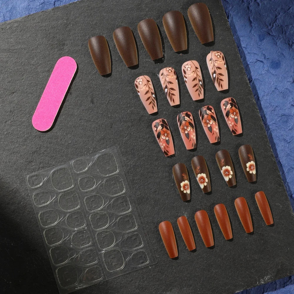 24pcs/set short medium long fake nails for Spring summer season gradient peach flowers butterfly heart press on false nail art