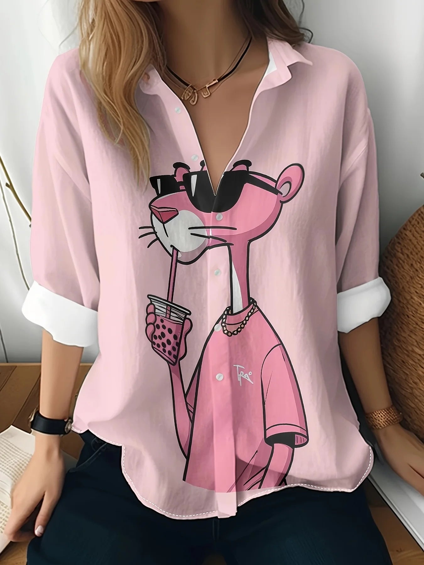 Women's Long Sleeve Shirt Cute Pink Leopard Cartoon Print Casual Button Lapel Casual Tops.