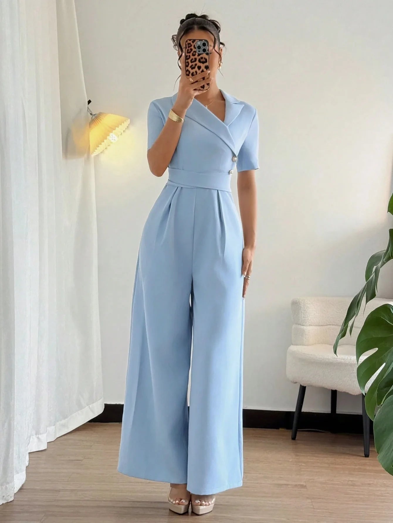 Elegant Blue Wrap Waist Belted Slim Fit Jumpsuit for Women Spring Summer Commute Style Polyester Fabric Three Quarter Sleeve.