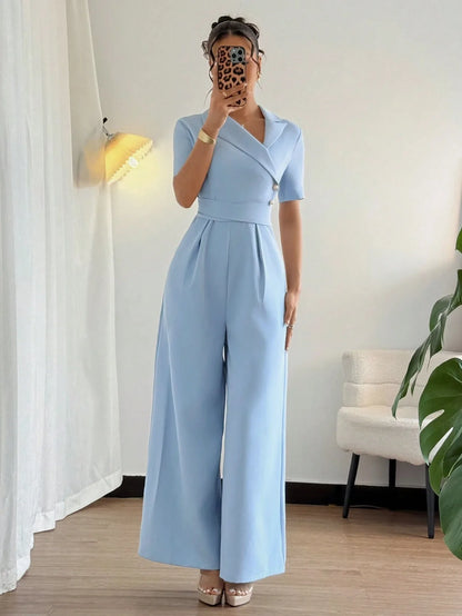 Elegant Blue Wrap Waist Belted Slim Fit Jumpsuit for Women Spring Summer Commute Style Polyester Fabric Three Quarter Sleeve.