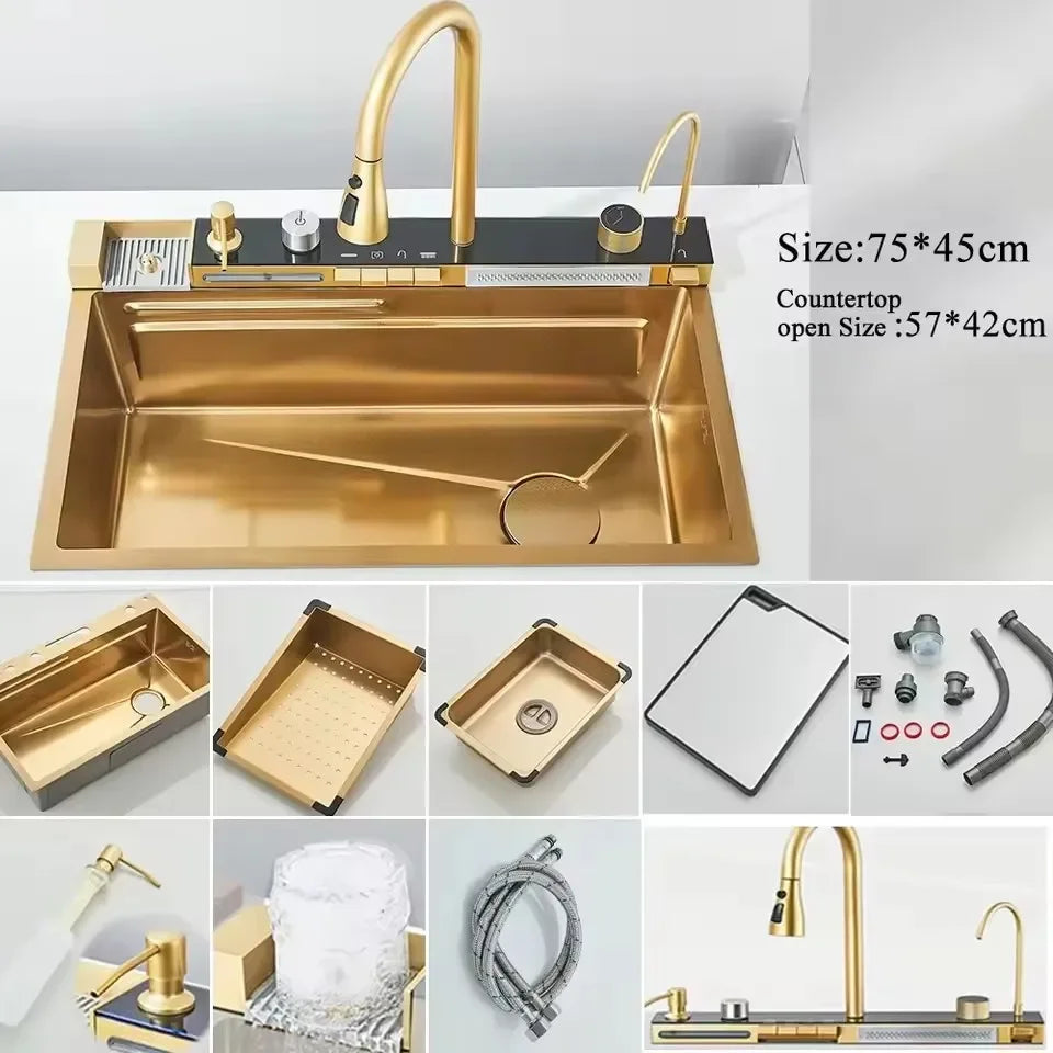 Stainless Steel Kitchen Sink with Hot Cold Pull Out Kitchen Sink Faucets Digital Large Single Bowl Waterfall Rain Kitchen Sinks