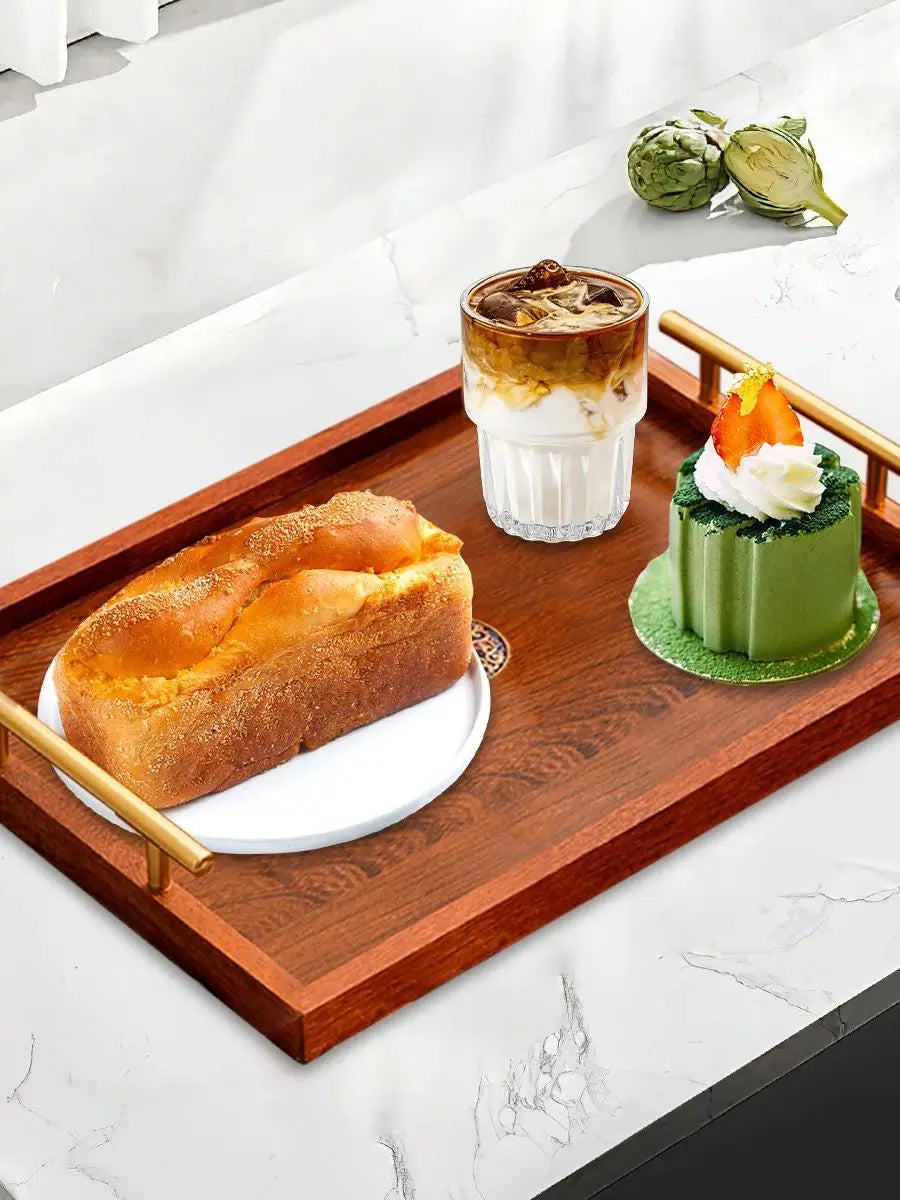 Luxury Wooden Food Tray with Gold Handles (S/M/L) - Coffee Table & Kitchen Decor for Breakfast, Dinner & Bedroom Use.