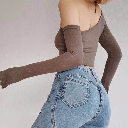 Women's One Shoulder Long Sleeved Crop Top.