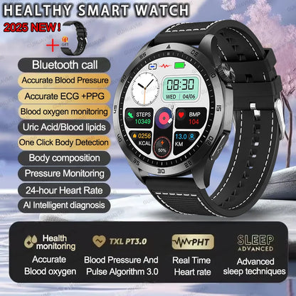 2025New Micro Physical Examination Blood Lipids Uric Acid Blood Pressure Smart Watch ECG+PPG Clock Bluetooth Call Smartwatch Men