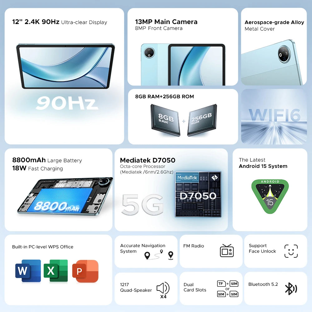 DOOGEE V Pad 2 In 1 5G Tablet 12" Screen Dimensity 7050 Android 15 32GB RAM (8+24) 256GB ROM8800mAh Battery Ultra-thin Smart Pad.