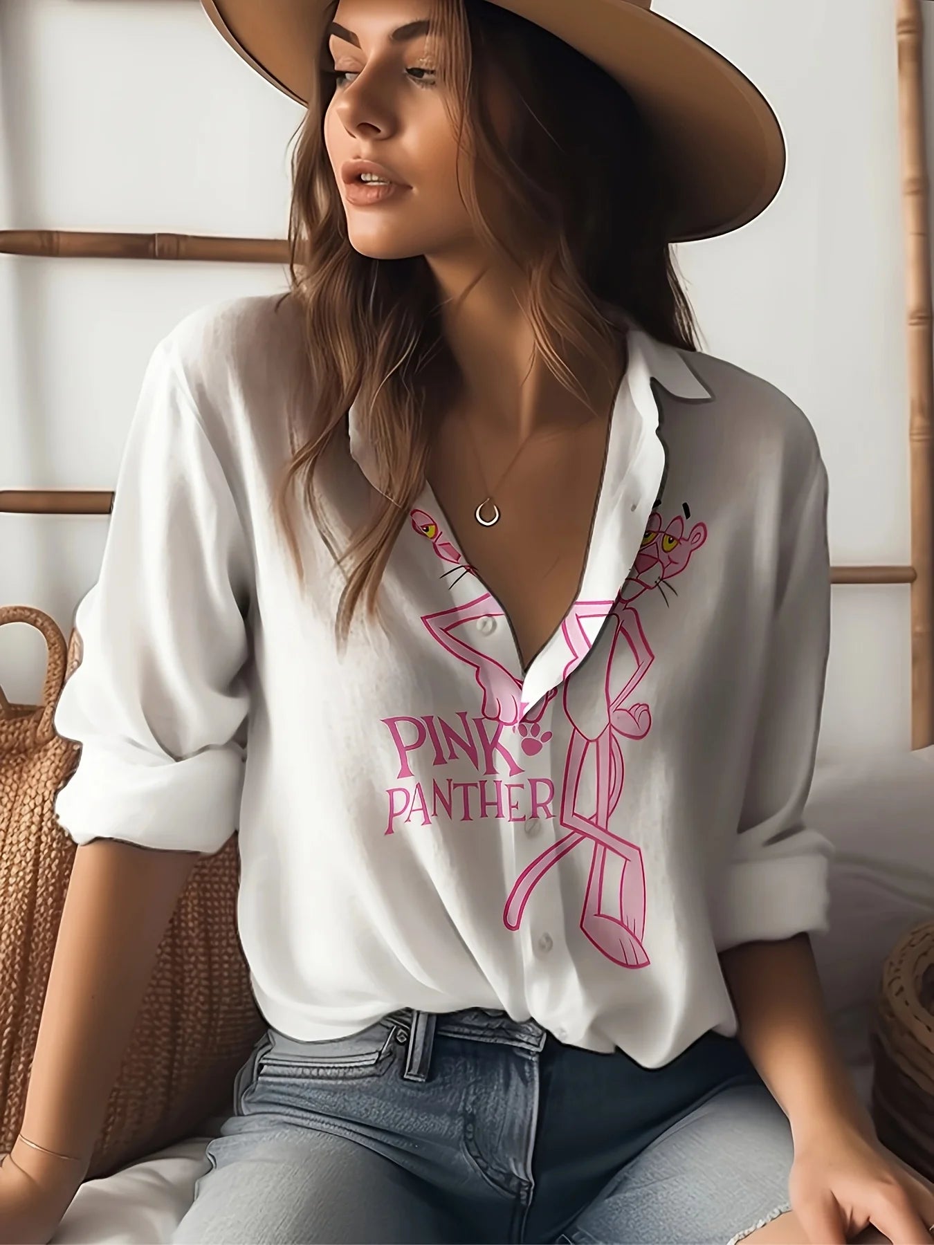 Women's Long Sleeve Shirt Cute Pink Leopard Cartoon Print Casual Button Lapel Casual Tops.