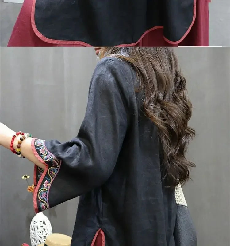 Damen-Bluse im Vintage-Stil aus Baumwolle und Leinen, mittellang, siebte Ärmel, Stickerei, ethnischer Rock mit lockerer Passform, chinesischer Stil