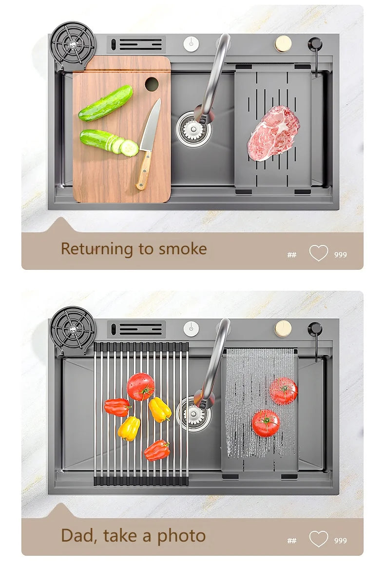 Wasserfall-Küchenspüle aus Edelstahl, extra groß, mit einem Schlitz, multifunktionale Geschirrspülbecken, Unterbaubecken, Tassenwascher