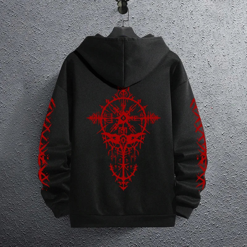 2025 Brand New Black Sweatshirts Autumn Winter Male Daily Casual Sporty Jogging Hoodie Men's Ancient Viking Raven Print Pullover.