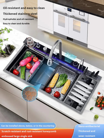 100cmx46cm Whale-Style Large Single-Bowl Kitchen Sink with Dish Rack Digital Faucet Integrated Dishwasher Multi-Functional