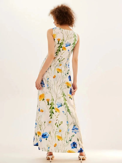 Blumendruck Neues lässiges ärmelloses langes Kleid Damen V-Ausschnitt bedrucktes Kleid Swing Bohemian Retro Kleider