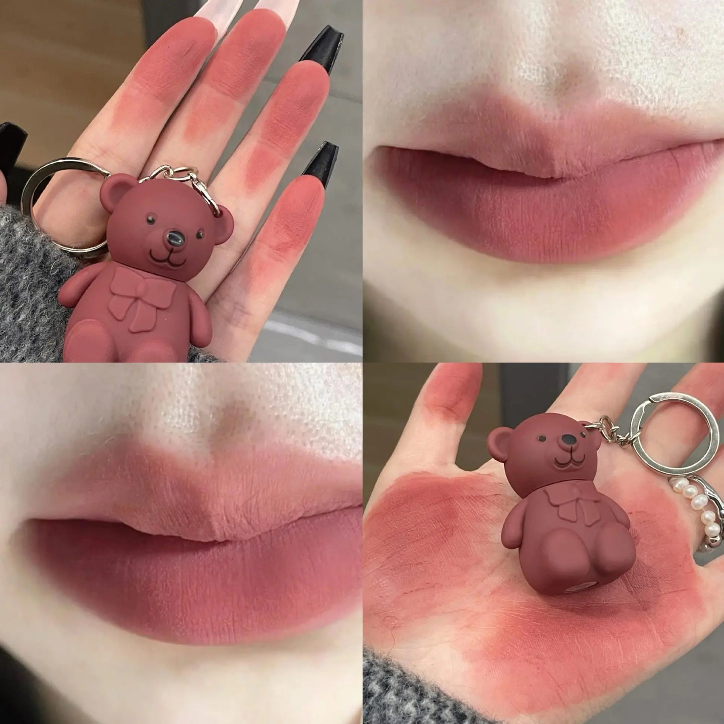 Cute Bear Keychain Matte Velvet Lip Gloss Mirror Brown Lipstick Waterproof Long Lasting Non-Stick Cup Lip Mud Korean Cosmetic.