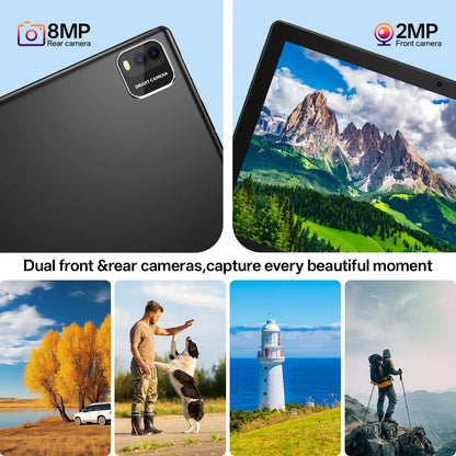 New BAKEN 10-inch Android 15 tablet with 64GB storage, keyboard, leather case, stylus, mouse, Wi-Fi, GPS, Bluetooth.