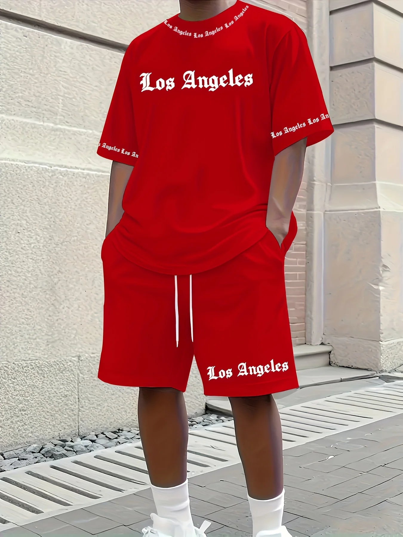 Men's Casual LA Patterned Suit, Soft and Breathable Summer Suit, Drawstring Shorts, Casual Summer Wear, Comfortable Fit.