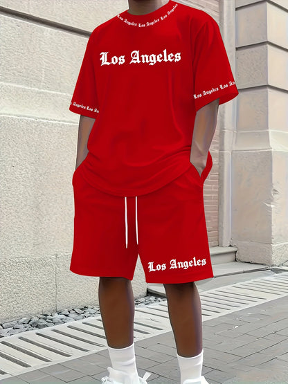 Men's Casual LA Patterned Suit, Soft and Breathable Summer Suit, Drawstring Shorts, Casual Summer Wear, Comfortable Fit.